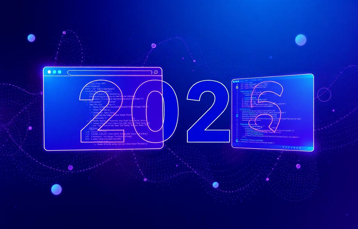 Futuristic browser windows representing 2026 web development trends