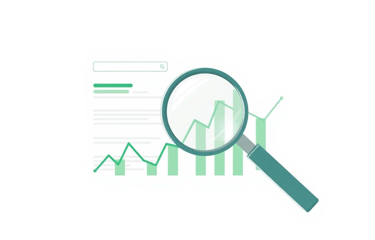 Magnifying glass over search results with upward trending chart