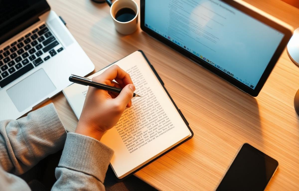 Hand writing in a notebook beside a laptop