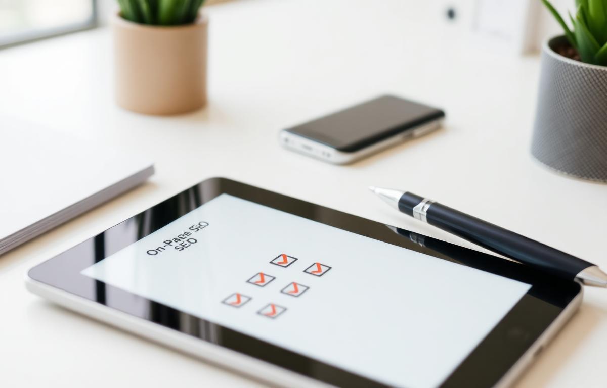Tablet showing an on-page SEO checklist with checkmarks