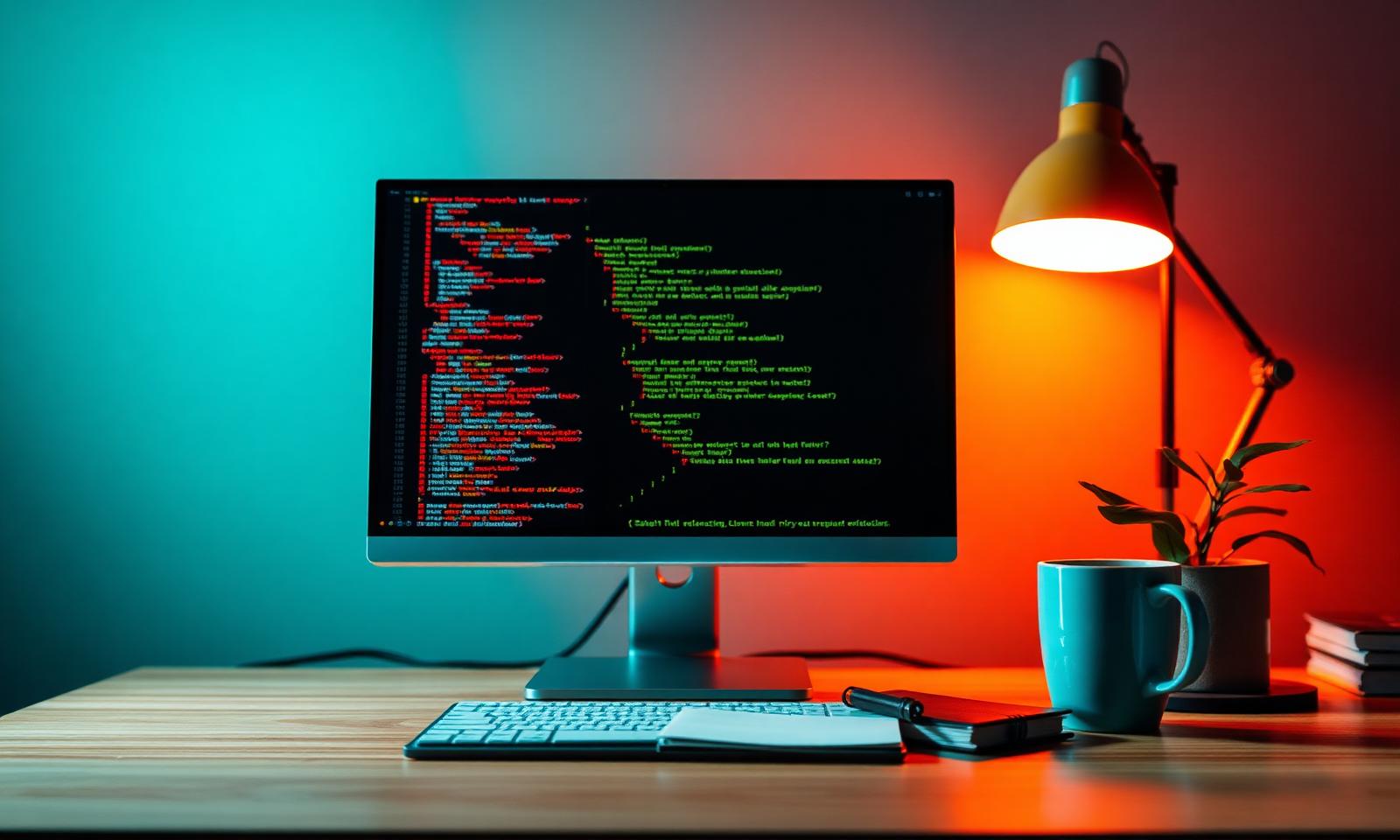 Modern developer workspace with code editor open at dusk